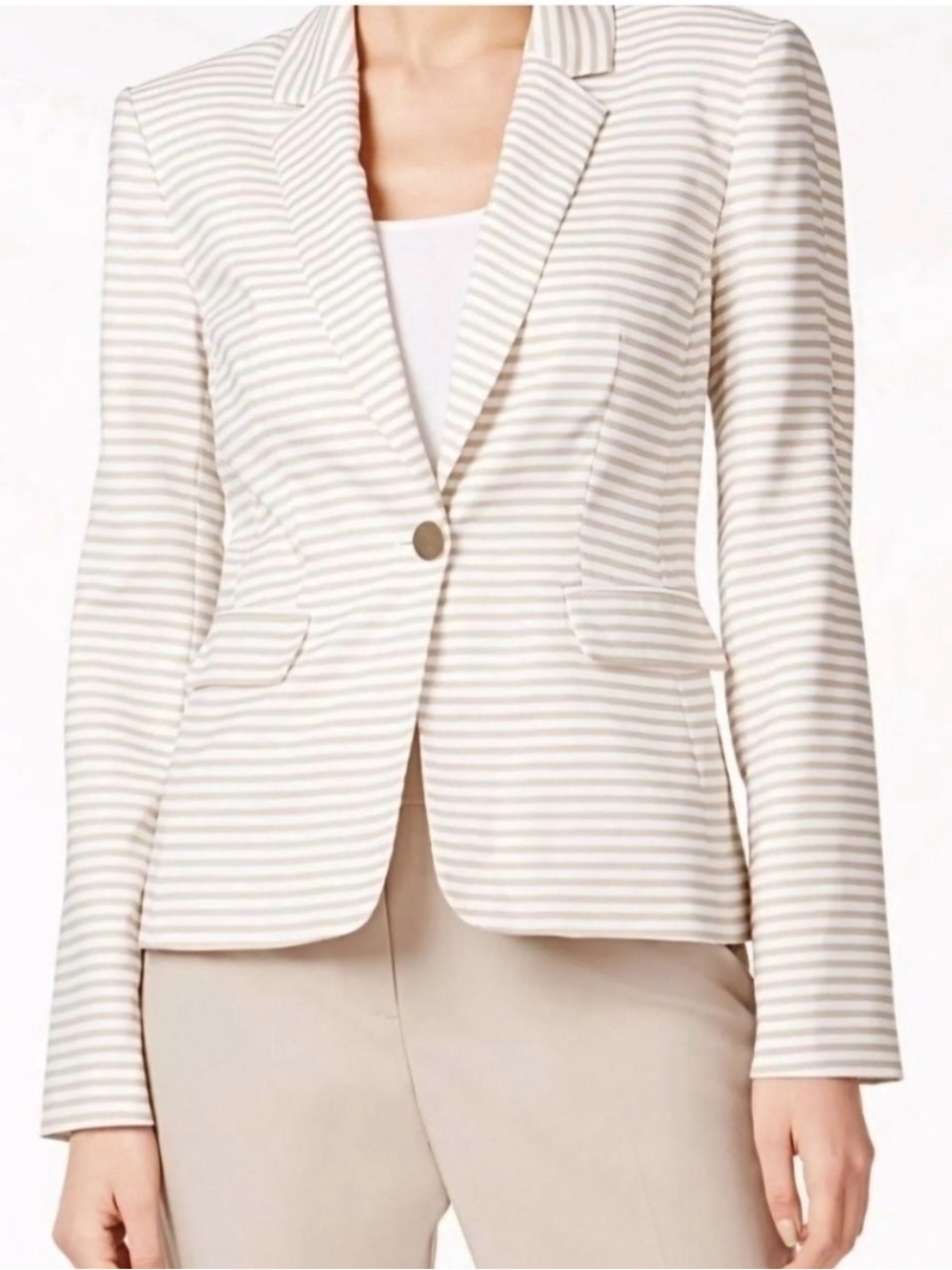 Calvin Klein Beige Striped One-Button Blazer